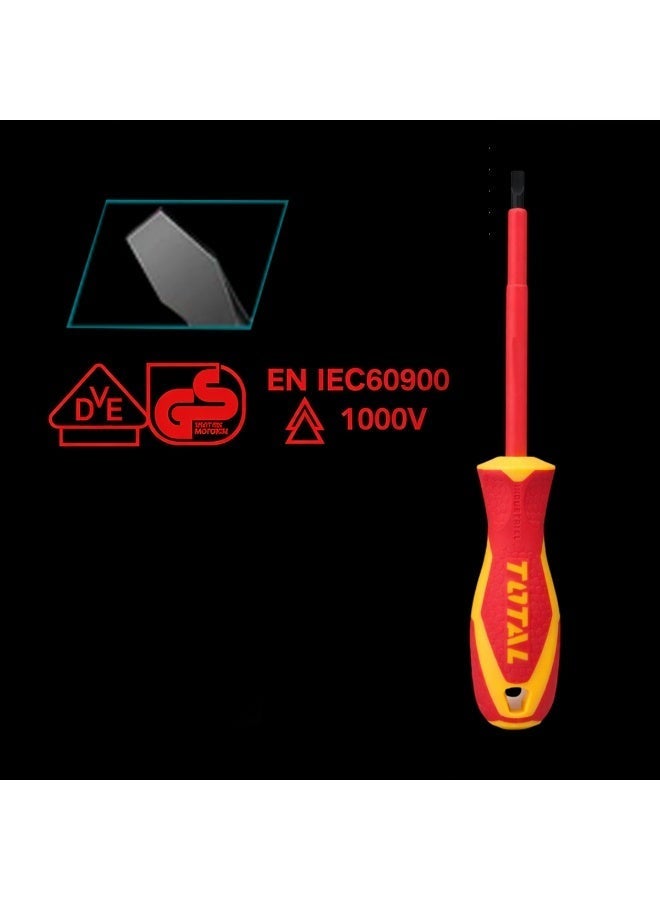 توتال مفك براغي معزول ذو رأس مسطح من توتال THTIS5125، يتحمل جهد 1000 فولت، معتمد من VDE EN IEC60900، أداة كهربائية احترافية، مزود بعمود معزول، رأس مسطح دقيق، مقبض مريح، مصنوع من فولاذ الكروم والفاناديوم عالي التحمل لأعمال الصيانة والإصلاح الكهربائية. - Image 4